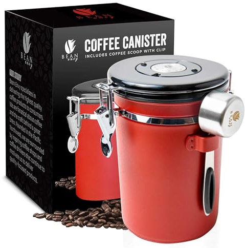 MOVASEE Kaffeedose Luftdicht mit Datumsanzeige u. CO2-Ventil - Vakuumbehälter für Kaffeepulver, Kaffeebohnen - Edelstahl Kaffeebohnen Behälter - Dekorative Teedose, Zuckerdose (Rot)