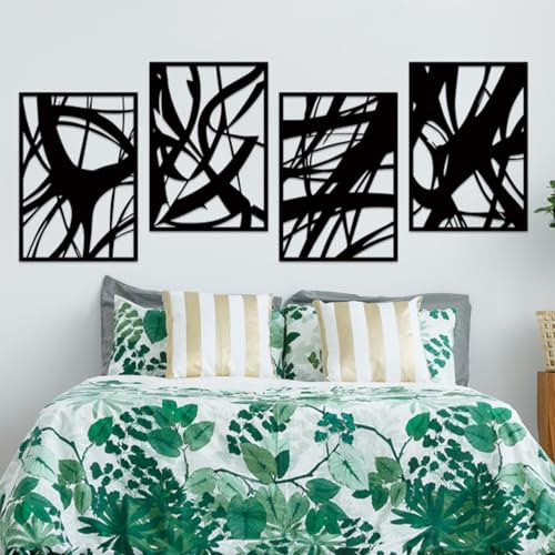 ruelen Wanddeko 4 Pack Metall Abstrakte Schwarze Wand Kunst, Minimalist Single Line Art Wall Décor, 3D Skulpturen Texturierte Metall Wand Skulpturen Hängend für Zuhause Wohnzimmer Schlafzimmer Bad