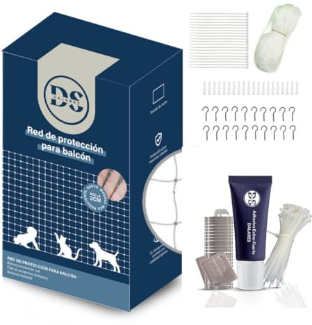 DALARES Pack Red Protección Gatos Sin Taladro | 4x3m Transparente | Agujero Malla 2x2cm | Kit Fijación Red Gato Sin Taladro | 50 Ganchos+25 Bridas+Adhesivo | Clip Fijación Red Balcón Gatos Accesorios
