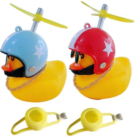 NHQZ 2 Stück Gelbe Ente Auto Ornament, Ente Fahrrad Bell, Gelb Ente mit Propeller Helm Fahrradglocke Fahrradklingel Kinder Tier Ente Nett Klingel Fahrradglocke für Auto Fahrrad(Rot + blau)