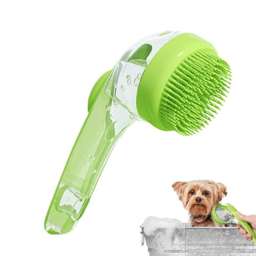Demsyeq Brosse de bain pour chien et chat avec distributeur de savon, vert, poils en silicone, long manche, tous types de poils, unisexe, propriétaires d'animaux