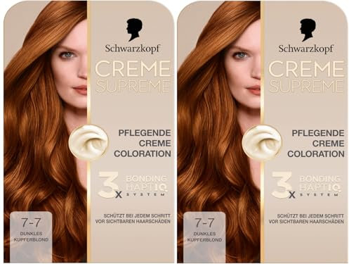 Schwarzkopf Creme Supreme Coloration 7-7 Dunkles Kupferblond (2x 182 ml), dauerhafte Haarfarbe mit Serum und Haar-Maske schützt vor sichtbaren Haarschäden, für 100% Grauabdeckung