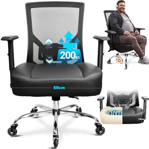 MELOKEA Ergonomic Office Chair 200kg 440LBS for Heavy People, Extra Wide Heavy Duty Chair XXL with Rubber Casters High Back PU Leather Seat, 90° - 130° Lock, 14cm Ultra-Thick Spring Seat, Big & Tall
