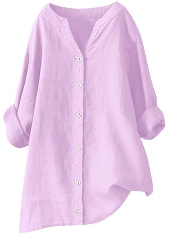 RLEHJN T Shirt Manches Longues en Coton Et Lin pour Femme Offre Flash Boheme Col V Boutonné Shirt Basique Chemise Longue Ample De Unie en Lin Tee Shirts Décontracté Lâche Respirant pour Plage Sport