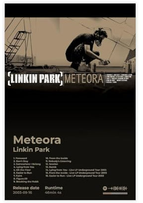fgxmne Linkin Poster LP Park Vintage Rockband Musikalbum Meteora Cover Tracklist Fans Geschenk Raumdekor Leinwand Poster Schlafzimmer Dekor Landschaft Büro Zimmer Dekor Geschenk 20 x 30 cm