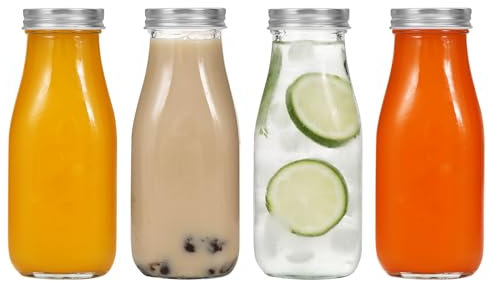 Glass Bottles with Lids, 4 Pack 300ml Reusable Juice Bottles with Airtight Metal Lids, Leakproof Drinking Bottle for Cola, Juice, Milk and Smoothie