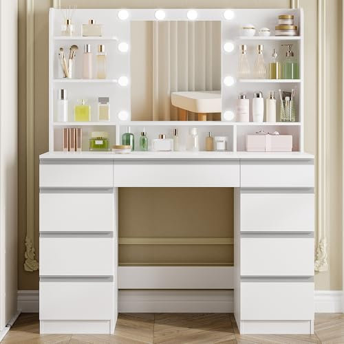 Hzuaneri Große Schminktisch mit LED-Beleuchtung, 10 LED-Lichtkugeln, 3 Farben, einstellbare Helligkeit, Schminktisch mit Spiegel, 9 Schubladen, 9 offenen Ablagen, moderner Stil, Weiß-Silber DT35703WV1