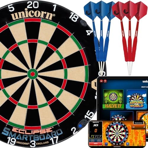 Unicorn Elektronische Dartscheibe | Eclipse Smartboard | Traditionelle Sisalborsten | Verbindung mit Bluetooth Scorebuddy App | inkl. 6 Steeldarts
