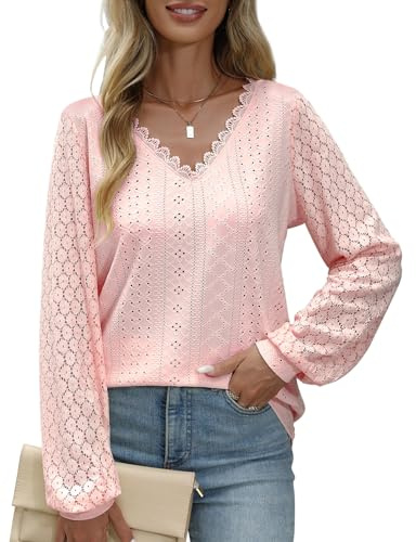 PASUDA Chemisier Femme Chic et Élégant Blouse Col en V Chemise Manches Longues en Dentelle Haut Tops Décontracté de Couleur Ample Tunique Respirant T Shirts(Rose,L)