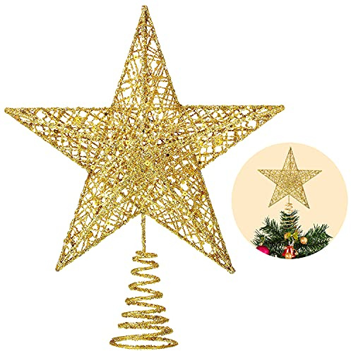 DTYDECLE Christmas Tree Star Topper, Xmas Glittered Gold Hollow Star Treetop Toppers Ornaments for Indoor Christmas Tree Decoration