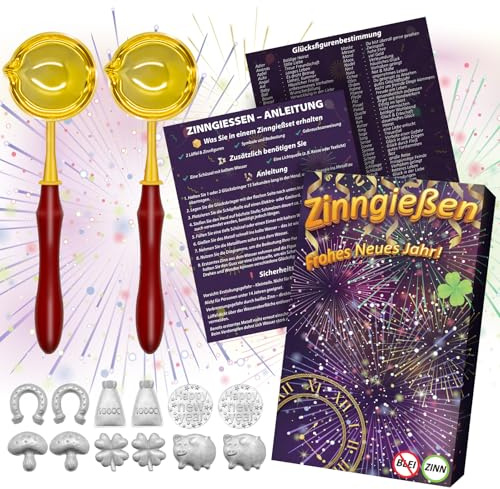 WAMIOKAGRO Zinngießen Silvester Set 2026-2 Löffel & 12 Figuren & Orakelheft, Gesunde Alternative zum Bleigießen Set und Wachsgießen Silvester Spiele, Zinn Gießen Neujahrsgeschenke Deko Partyspiele