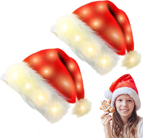 BORDEAG LED Weihnachtsmütze - 2 Stück Erwachsene Nikolausmütze mit Leuchtendem, Plüsch Rote Santa Mütze, Plüsche Weihnachtsmann Mütze für Weihnachten Neujahr Partys Neujahrsgeschenk