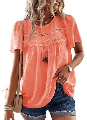 TUUHAW Women Tops Summer Round Neck Short Sleeve Shirts Flowy Crochet Boho | Dressy Casual Scoop Neck, Flowy Ruffle Sleeve Blouses, Elegant Summer, Basic Plain Loop, Bardot Hem Cute Shirts, Pleated Top
