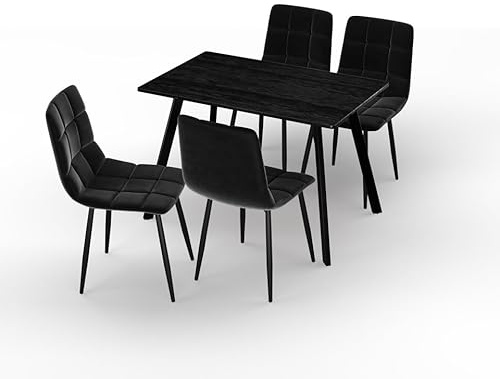 URBNLIVING 110cm Dining Table & 4 Velvet Chairs Set – Modern Metal Frame Kitchen Furniture, Contemporary Dining Room Set - Black Wood Table Black Chair