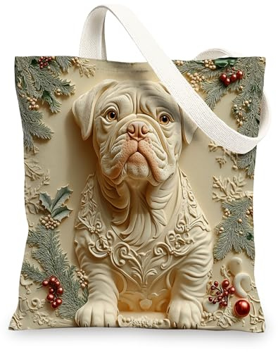 Weihnachtliche Bullmastiffs-Hundetasche aus Segeltuch zum Einkaufen, 33 x 38 cm, lustige, wiederverwendbare Einkaufstasche für Frauen, Haustierarbeit, Reisen, Muster, Geschenk, Dekoration