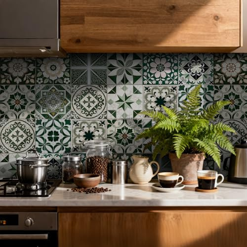 RwalkinZ Tile Stickers for Kitchen 24 pcs Stick on Tiles Kitchen Bathroom | Self Adhesive Peel and Stick Wall Waterproof Oil-Proof (15cm x 15cm, 6x6 inches) for Floor Stairs Furniture(DARK GREEN 2)