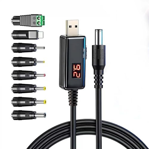 USB to DC Power Cable, USB 5V to DC 9V 12V Power Cable with LED Display and 8 Connectors for Fan, Router, Speakers, Tablets, Laptop and LED Light