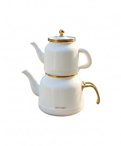 White and Gold Premium Enamel Turkish Tea Kettle Set