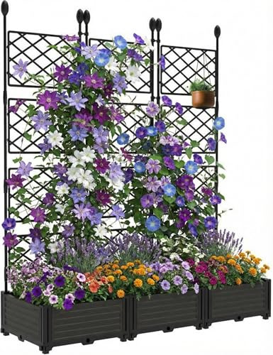 Hochbeet mit Rankgitter & Sichtschutz, Verstärkte Konstruktion, Modulares Vertikal-Pflanzsystem für Kletterpflanzen & Gemüse, Wetterfest & Freistehend, 3 Module, 126 x 160 cm
