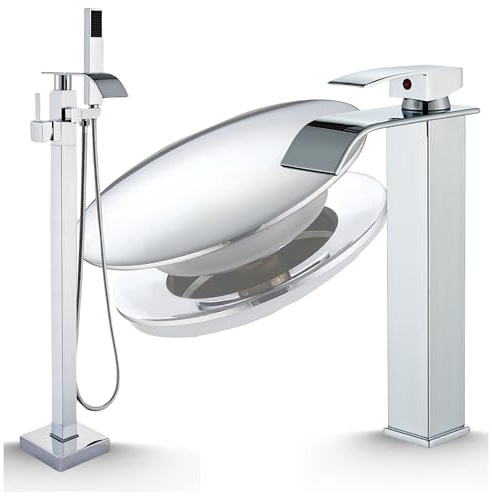Ari Badarmatur Set Waterfall mit freistehender Badewannenarmatur und Waschtischarmatur Wasserfall Auslauf 360 Grad Drehbar inkl Klick Klack Abfluss und Montageset für Badezimmer (Chrom, Hoch)