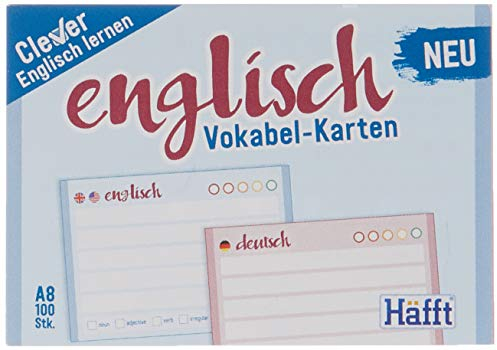 Vokabel-Karten Englisch 100 Stück A8, Standard einzeln: Vokabel-Karten zum Beschriften, mit Zusatzinfos für Englisch, 4-farbiges Deckblatt, 2-seitig