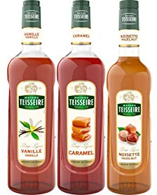Assortiment Café Latté et Machiatto de sirops Mathieu Teisseire : Vanille, Caramel Noisette, 3 bouteilles 70cl