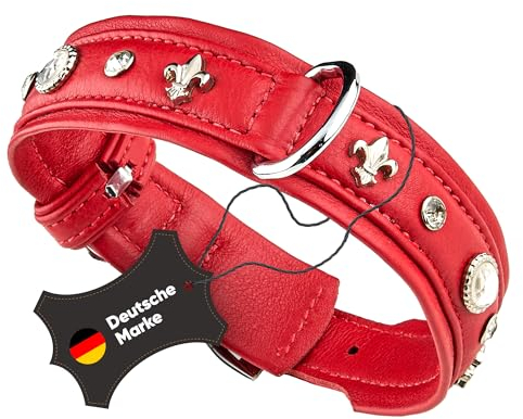 MICHUR Julieta Hundehalsband Leder, Lederhalsband Hund, Halsband, Rot, Leder, mit Lilien, Strasssteinen und großem Kristall