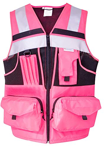3M Reflective stripes Safety Vest Hi-vis Pink knitted Vest with 10 pockets Bright Construction Workwear for men and women. (Pink, Medium)