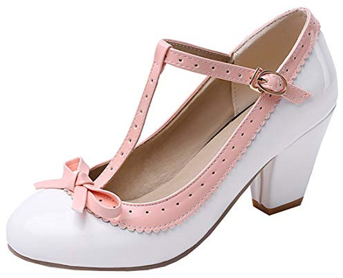 Etebella Damen T Strap High Heels Lack Pumps mit Blockabsatz und Schleife Rockabilly Vintage Schuhe(Weiß,40)