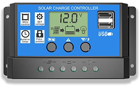 Solar Charge Controller, Topcloud 10A Solar Panel Controller 12V/24V PWM Auto Parameter Adjustable LCD Display Solar Panel Battery Regulator with Dual USB Port