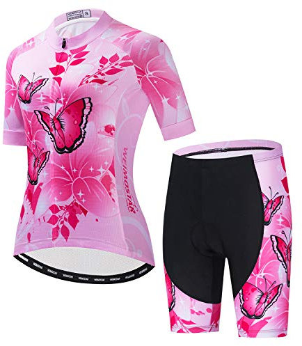 Donne Ciclismo Jersey Manica Corta Gel Imbottito Pantaloncini Set MTB Sportswear Delle Signore Bicicletta Abbigliamento, farfalla rosa, XL