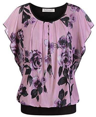 BAISHENGGT Damen Sommer Netz Bluse Flatter Kurzarm Tshirt Rundkragen Falten Elegant Oberteile Top Blusen Rosa Rose XXL