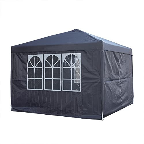 Pop Up Canopy 3x3m Gazebo Marquee Garden Awning Party Tent Canopy 4 polyester sidewalls (Grey)