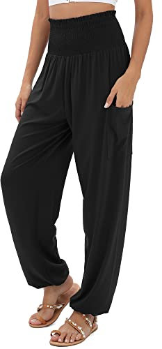 QIANXIZHAN Damen Haremshose, High Waist Yoga Boho Hose mit Taschen Black M