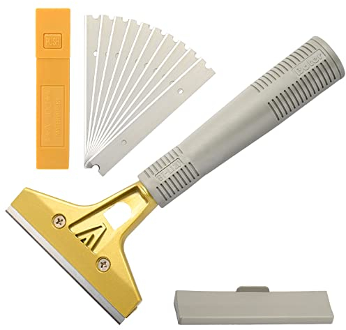 EHDIS Fensterschaber mit 10 Klinge, Fenster Schaber, Fensterschaber Profi zum Entfernen von Kleber, Klebereste, Farbe, Abziehbilder, 4 Zoll, Gold