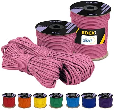 EDCX 4 mm Polyester Paracord 550 (15, 30 and 50 m) – 4 mm Type III, Tear-Resistant Parachute Cord for Survival Made of 100% Polyester with 7 Wires | Solid Colours (Pink, 15 m)