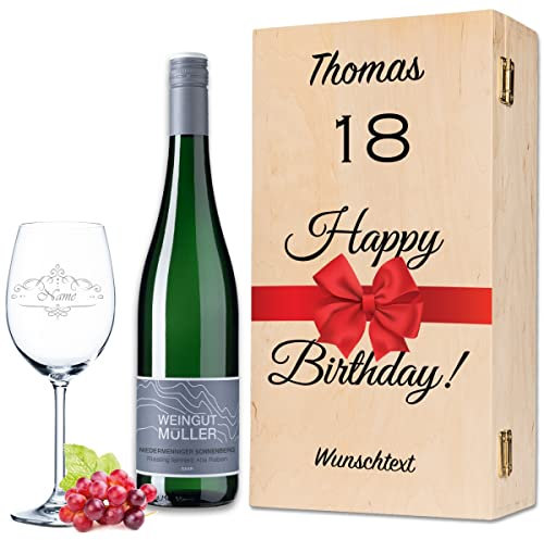 Leonardo - Copa de Vino Personalizada con Nombre (18 años), Regalos Personalizados, Copas, incluye Caja de Madera Impresa y Botella de Vino Tándem