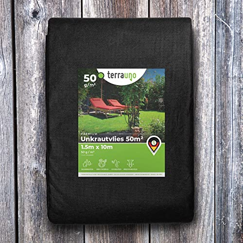 TerraUno - Premium Unkrautvlies 50 g/m² - 1,5m x 10m = 15m² Unkrautfolie I wasserdurchlässig, atmungsaktiv & nährstoffdurchlässig I Gartenvlies gegen Unkraut für den Gartenbau