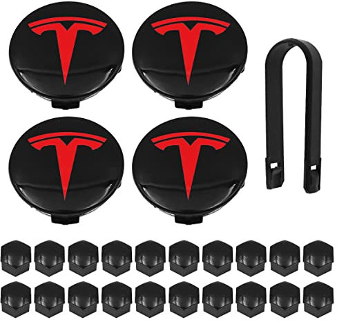 WANGCL Kit de 25 cache-moyeux avec 4 cache-moyeux centraux, 20 cache-écrous de roue et 1 extracteur pour modèle 3, modèle Y, modèle S, modèle X – T rouge