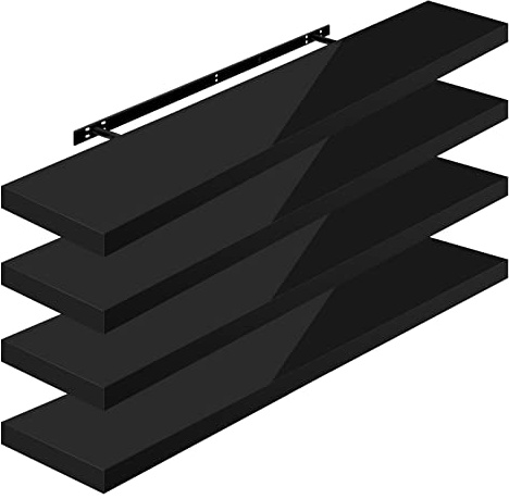 WOLTU 4 Pcs High Gloss Floating Shelves, 110cm Black Wall Storage Shelf | MDF Wooden Shelving Boards, Hanging Strong Bracket Showcase for Living Room, Bedroom, Kitchen, Bathroom, Hallway