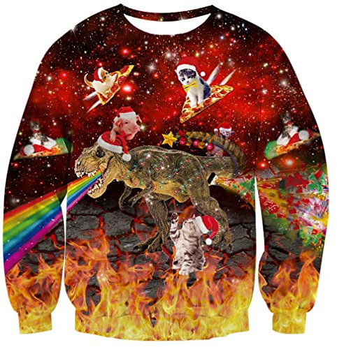 Goodstoworld Weihnachten Pullover 3D Druck Dinosaurier Männer Damen Ugly Christmas Sweater Cool Hässlich Weihnachtspullover Witzig Rot L
