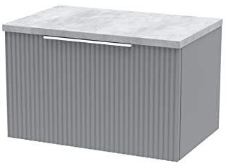 Hudson Reed DFF294LBG Fluted Modern Bathroom Wall Hung 1 Drawer Vanity Unit with Bellato Grey Laminate Worktop, 600mm, Satin Grey