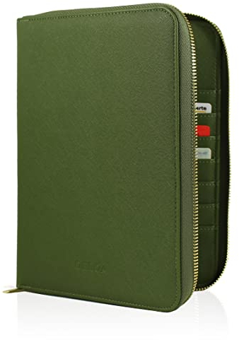 DELOA ® U-Heft, Reiseunterlagen & Familien Organizer - 3 in 1 Dokumententasche mit Fach für Impfpass und Reisepass in Saffiano Kunstleder (Olivgrün)