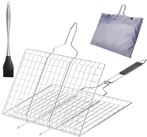 Barbecue Grilling Basket,UYOTBKEUB Portable Stainless Steel BBQ Grill Basket with Removable Handle and Basting Brush for Roast Fish, Vegetable, Meat
