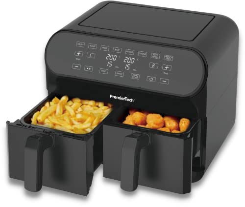 PremierTech Friggitrice ad Aria 8 Litri, Doppio Cestello, 8 programmi, Doppia Temperatura, Digitale, Compatta, 2 Zone Indipendenti, 4 + 4 litri, Air Fryer PT8LAF