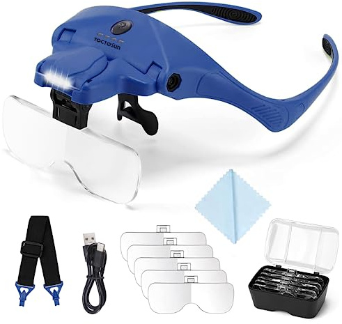 YOCTOSUN Magnifying Glasses with Light, Hands Free Headband Magnifier with 4 LED Lights and 5 Detachable Lenses 1X to 3.5X,Rechargeable Head Magnifier Glasses for Crafts, Hobby, Close Work