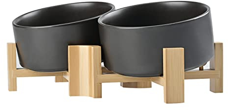 SPUNKYJUNKY 15° Kippbare Keramik Hundenapf mit Holzständer Futter und Wassernapf rutschfest für Hunde und Katzen mit Flachen Gesichtern Kleinen und Mittelgroßen Hunden (850ml × 2, Schwarz)