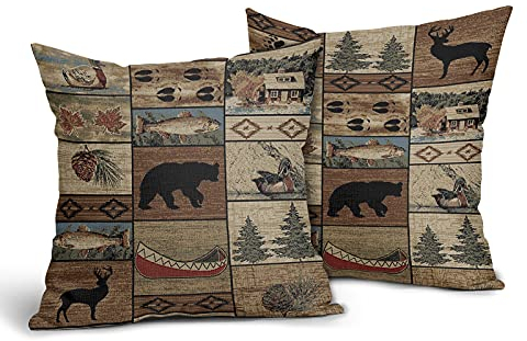 Western Rustic Bear Throw Pillow Cover Set of 2 Wild Animal Bear Deer Elch Pillow case 40,6 x 40,6 cm Lodge Wildlife Cotton Linen Outdoor Cabin Decorative Cushion Pillow Cover for Patio Couch Bedroom