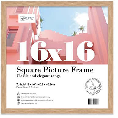 Almost Frameless 16x16 Oak Picture Frame 16x16(40.6x40.6cm) Poster, Photo, Artwork, or Print. Thin Edge Slim Frame Portrait and Landscape Display with Wall Hooks