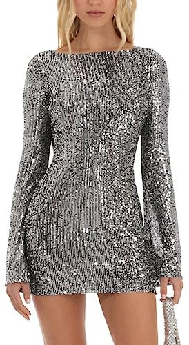 FeMereina Women Sequin Party Dress - Crewneck Long Sleeve Ruched Bodycon Glitter Sparkly Backless Tie-Up Mini Club (Silver, L)